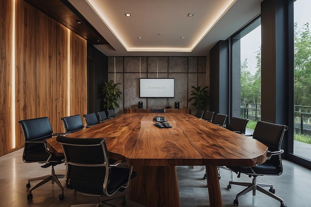 Meeting room with a wooden table and ergonomic seating