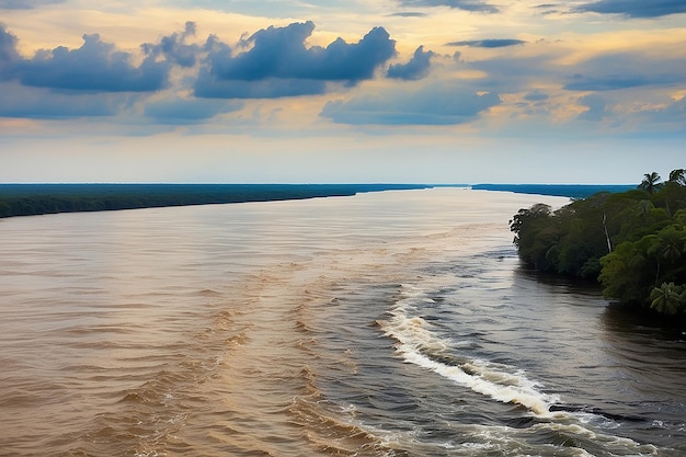 Meeting of the waters At the confluence of the Amazonas river brown water and the Rio Negro river black water Manaus Brazil