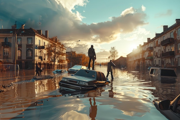 Megafloods in City Big Flooding People on Roofs Floating Cars in Flood City