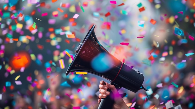 Megaphone amidst a burst of colorful confetti symbolizing celebration and announcements