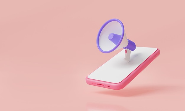 Megaphone amplifier with mobile phone Business Marketing concept Social media Megaphone icon announce promotion Advertising and promotion Online promotion news announcement 3d render