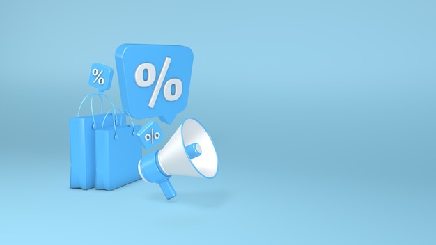 Megaphone
on a blue background paper bag percent symbol 3D illustration 3D rendering 3D render