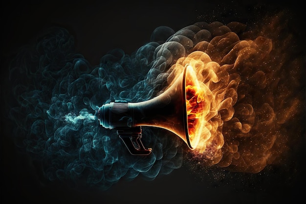 Megaphone on fire on dark background created with generative ai