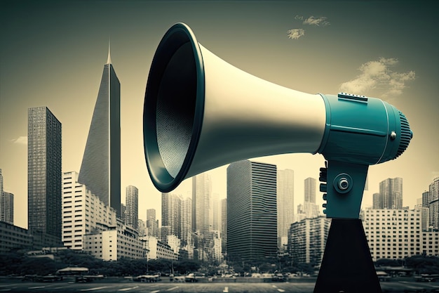 A megaphone in hand with a city skyline in the background a powerful image for representing business leadership in urban settings Generated by AI