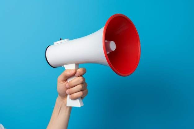 Megaphone in hands on a blue background