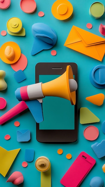 Photo megaphone marketing concept with colorful 3d shapes