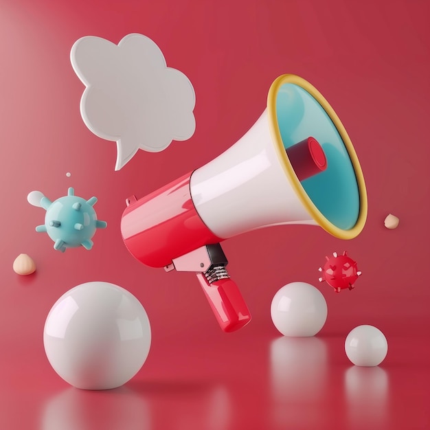 Megaphone with bubbles on a red background 3d rendering