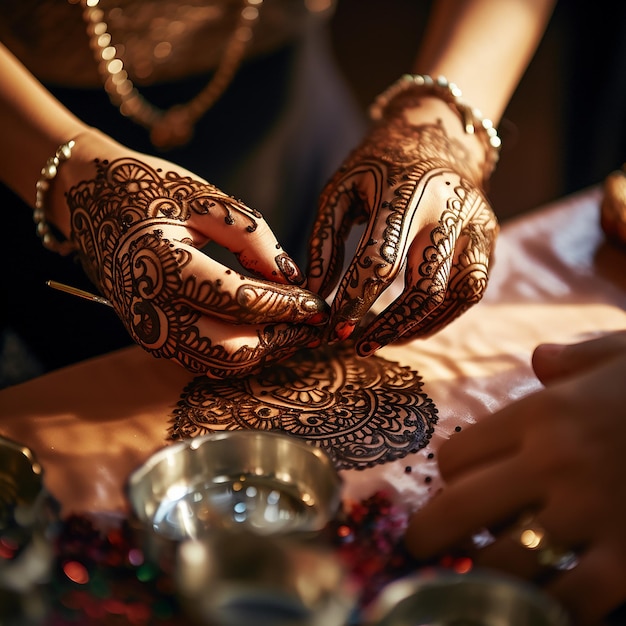 Mehndi designs are applied to a womans hands