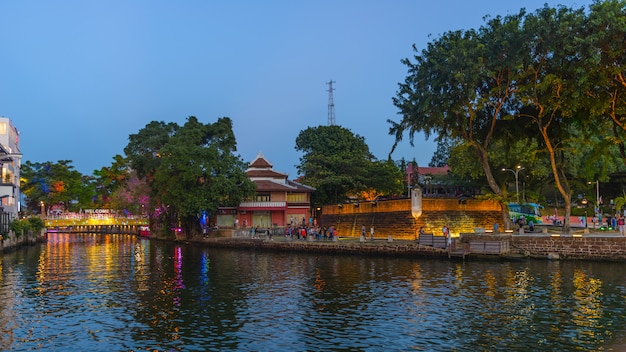 Melaka old town by night. Malacca river illuminated at twilight. UNESCO World Heritage Site, Malaysia