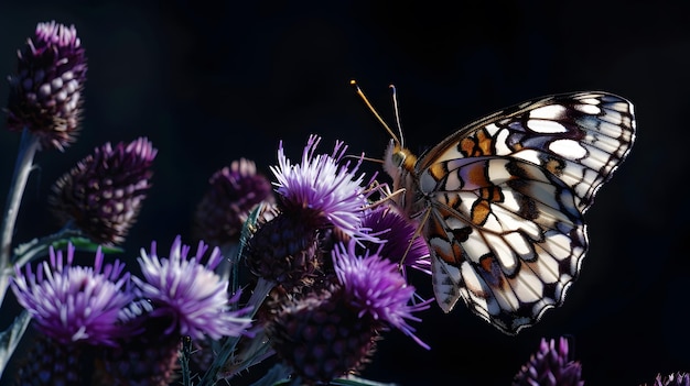 Melanargia occitanica a checkerboardpatterned butterfly on purple thistle flowers ag Generative AI