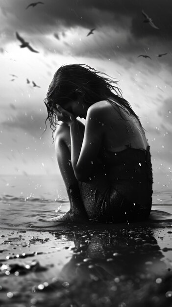 Melancholic Girl in Rain at Stormy Beach