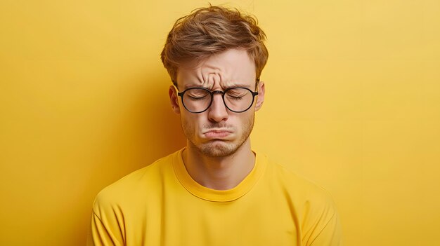 Photo melancholic man in yellow with glasses in highquality photo