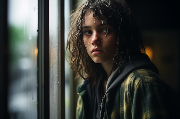 Melancholy girl staring out a wet window