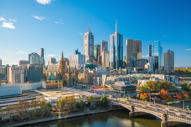 Melbourne city skyline in Australia with blue sky