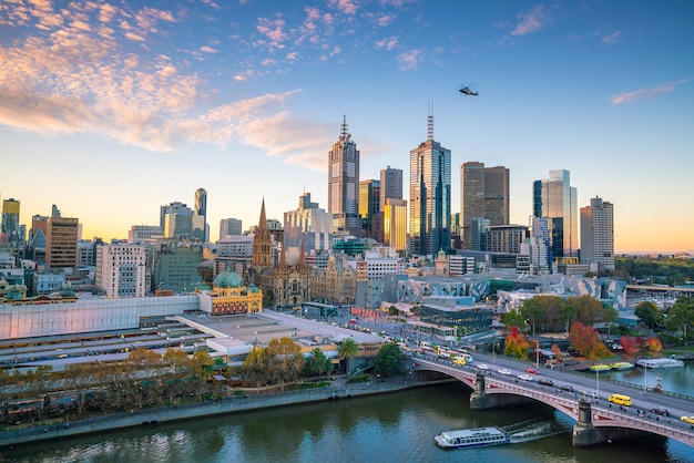 Melbourne city skyline at twilight in Australia