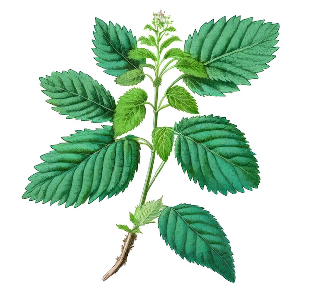 Melissa lemon balm plant isolated on white background Generative AI illustration in detailed watercolor style