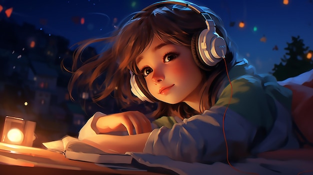 Melodic Bliss Cute Girl Listening to Music with Headphones at Night