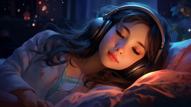 Melodic Bliss Cute Girl Listening to Music with Headphones at Night