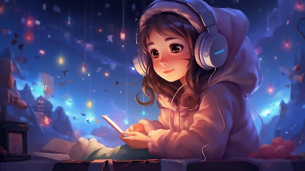 Melodic Bliss Cute Girl Listening to Music with Headphones at Night