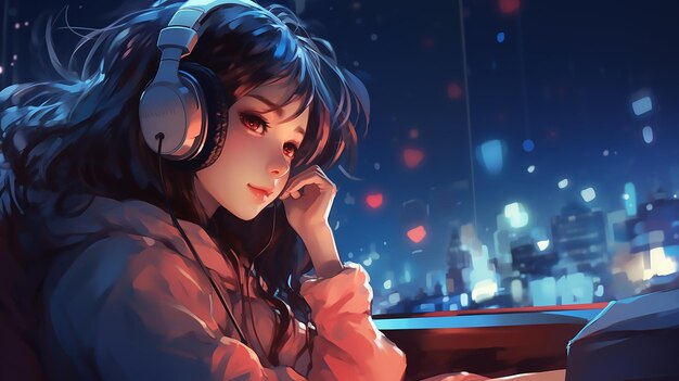 Melodic Bliss Cute Girl Listening to Music with Headphones at Night