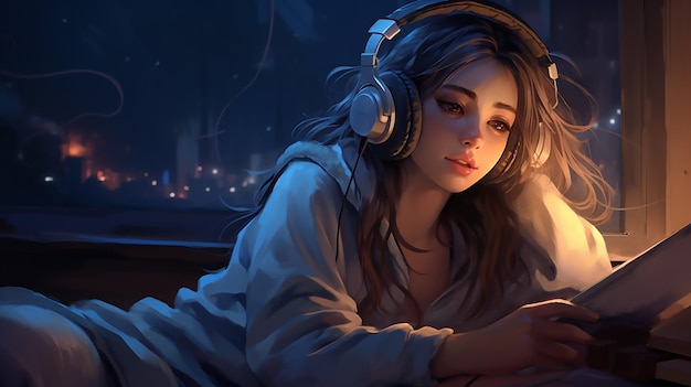 Melodic Bliss Cute Girl Listening to Music with Headphones at Night