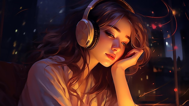 Melodic Bliss Cute Girl Listening to Music with Headphones at Night