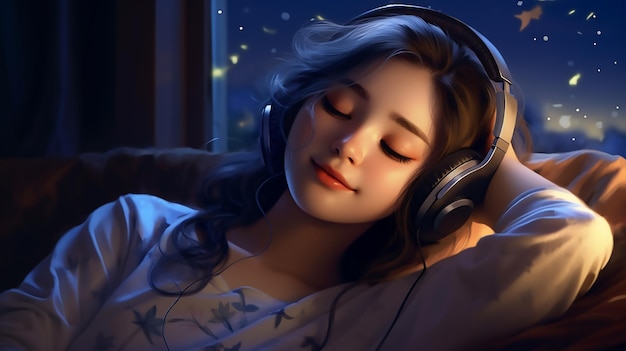 Photo melodic bliss cute girl listening to music with headphones at night