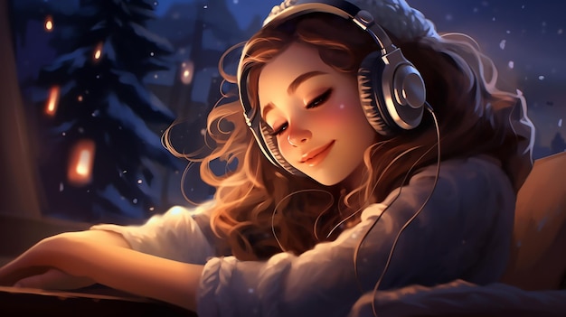 Photo melodic bliss cute girl listening to music with headphones at night