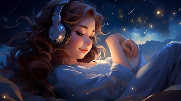 Melodic Bliss Cute Girl Listening to Music with Headphones at Night