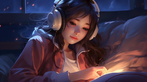 Melodic Bliss Cute Girl Listening to Music with Headphones at Night