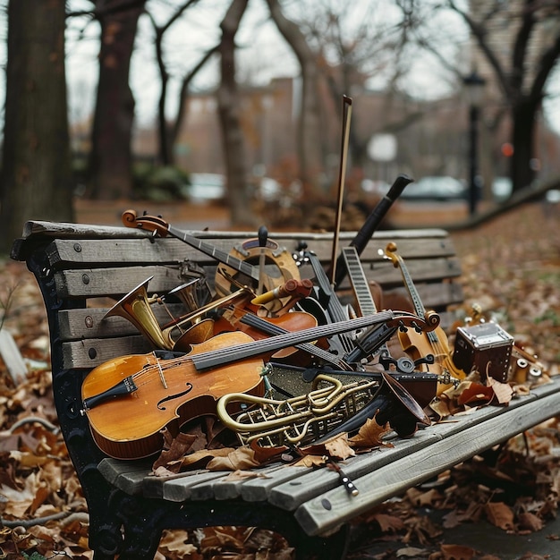 Photo melodic stillness musical instruments strewn across a park bench