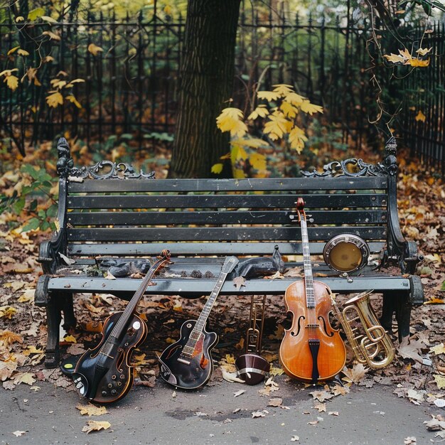 Photo melodic stillness musical instruments strewn across a park bench