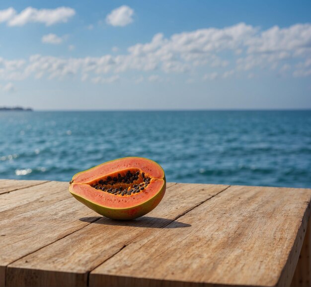 a melon with seeds on a wooden table with the ocean in the background