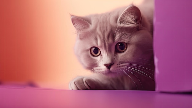 A Melted Cat Squeezes Into An Impossibly Small Cardboard Crevice Against A Pastel Light Purple And L