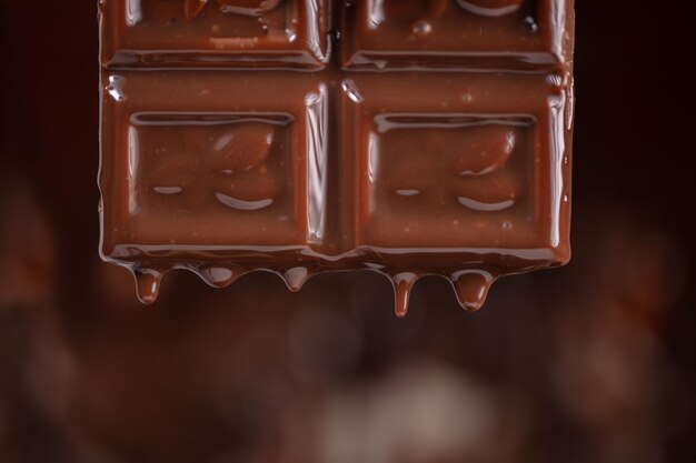 Melted chocolate drips down on a brown background