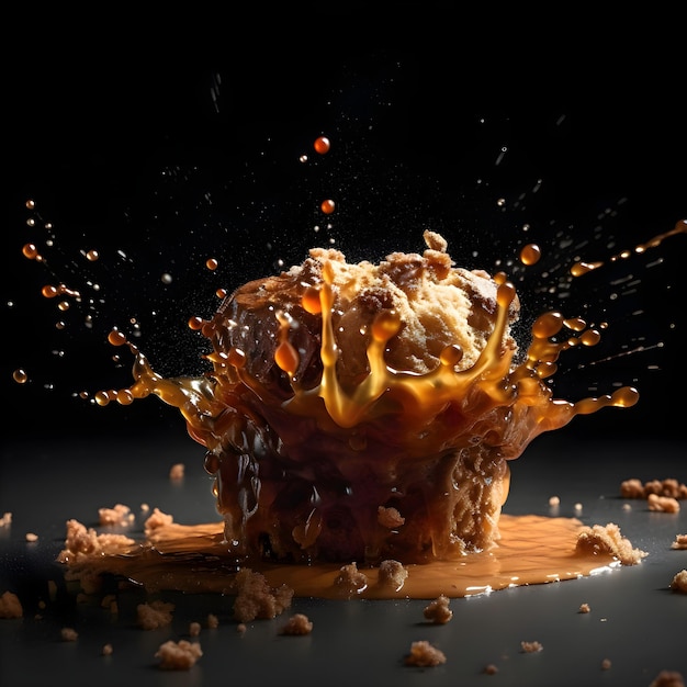 Melted chocolate poured over an apple on a black background with a splash