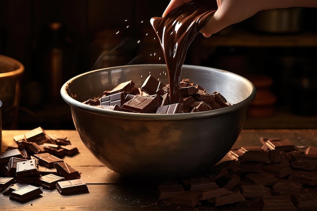 Melted Chocolate Poured into Bowl of Solid Chocolate Bars