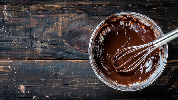 Melted homemade chocolate cream in bowl with whisk on dark wooden background generative ai