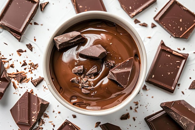 Melted milk chocolate with broken pieces on white background