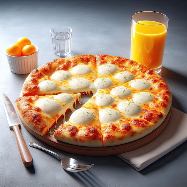 melted mozzarella cheese on a sliced pizza served with an orange juice