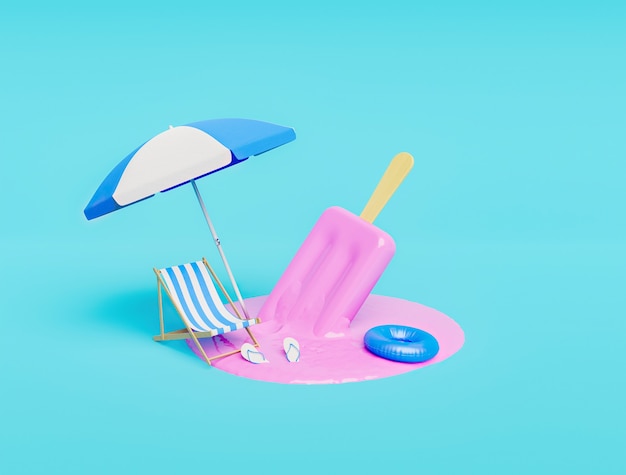 melted strawberry ice cream with beach accessories