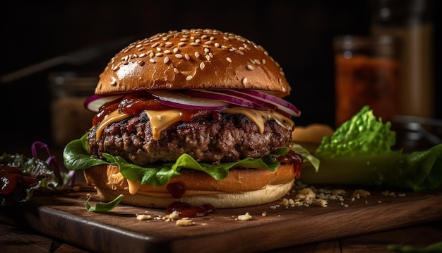 Melting cheddar on gourmet burger with fries generated by AI