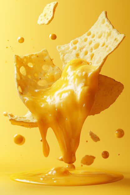 Photo melting cheese drips over crispy chips against a vibrant yellow backdrop creating an snack explosion