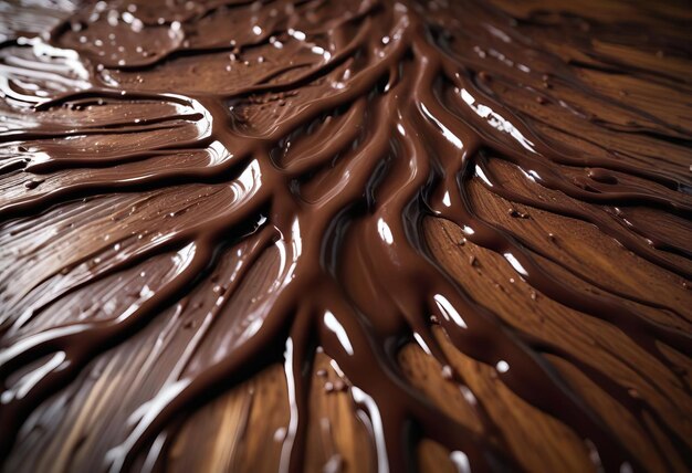 Photo melting chocolate dripping down a wooden surface