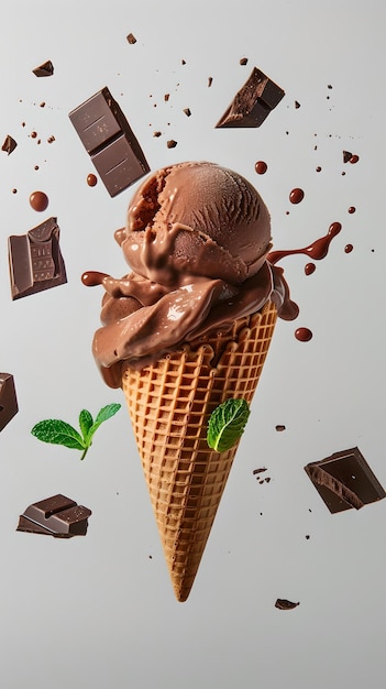 Melting chocolate ice cream cone with pieces flying around creative food photography capturing motion and indulgence perfect for dessert lovers AI