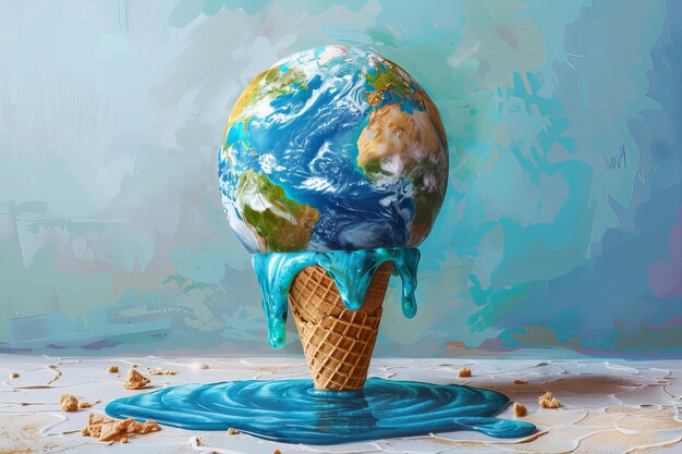 Photo melting earth ice cream cone with blue liquid