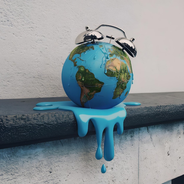 Photo melting globe with blue liquid drips alarm clock bells white wall for social media post size