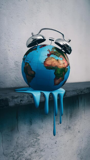 Photo melting globe with blue liquid drips alarm clock bells white wall vertical mobile wallpaper