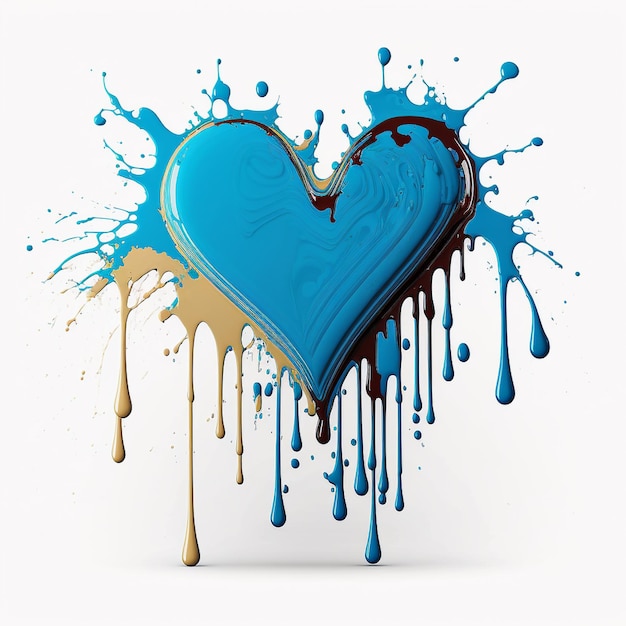 Melting heart with drops of paint on white background