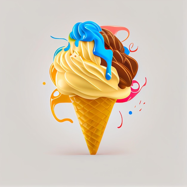 Melting ice cream balls in the waffle cone isolated on background 3D Illustration flat icon